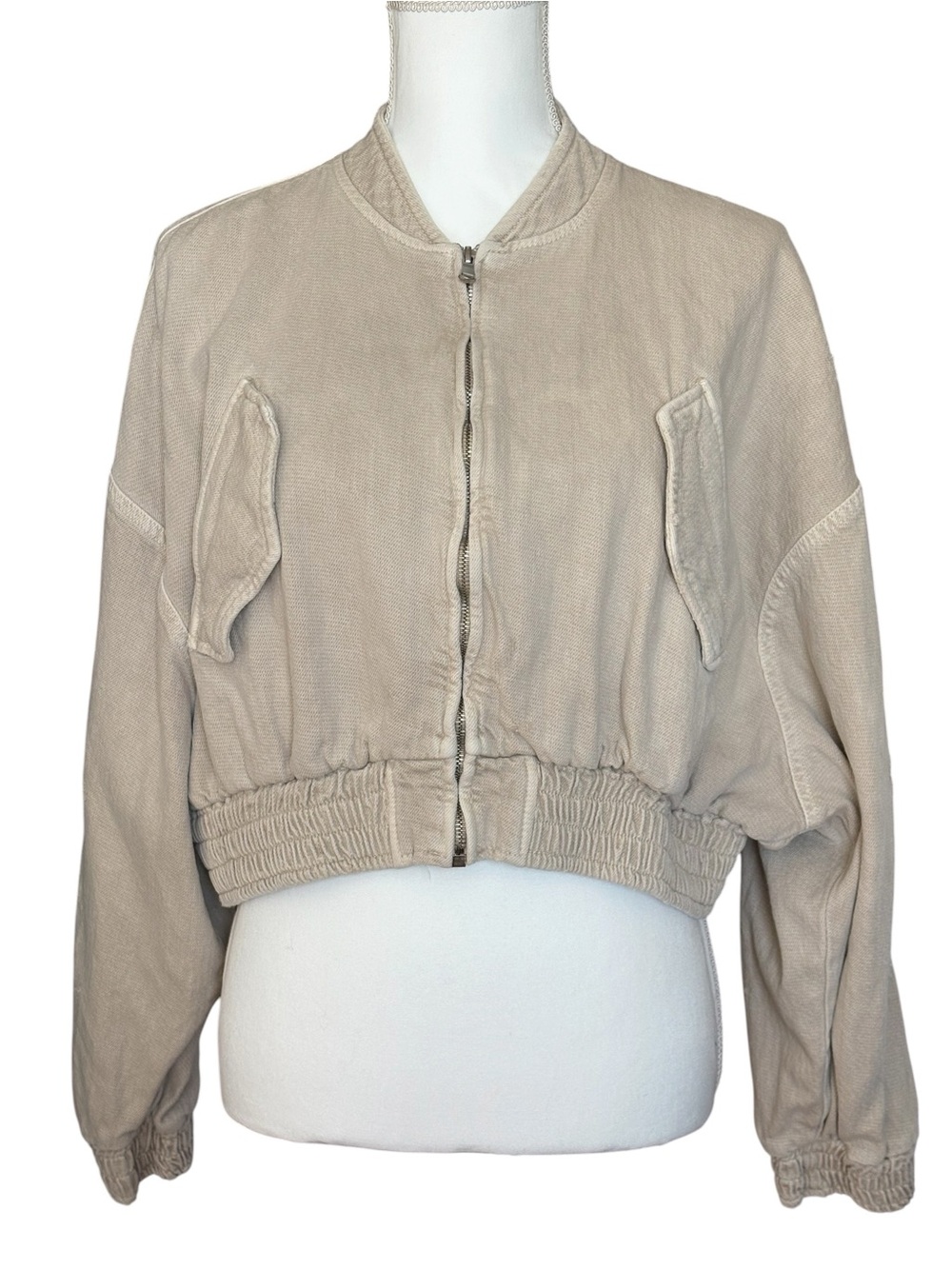 Zara Women's Beige Cropped Bomber Jacket Size Large 100% Cotton Full Zip Pocket
